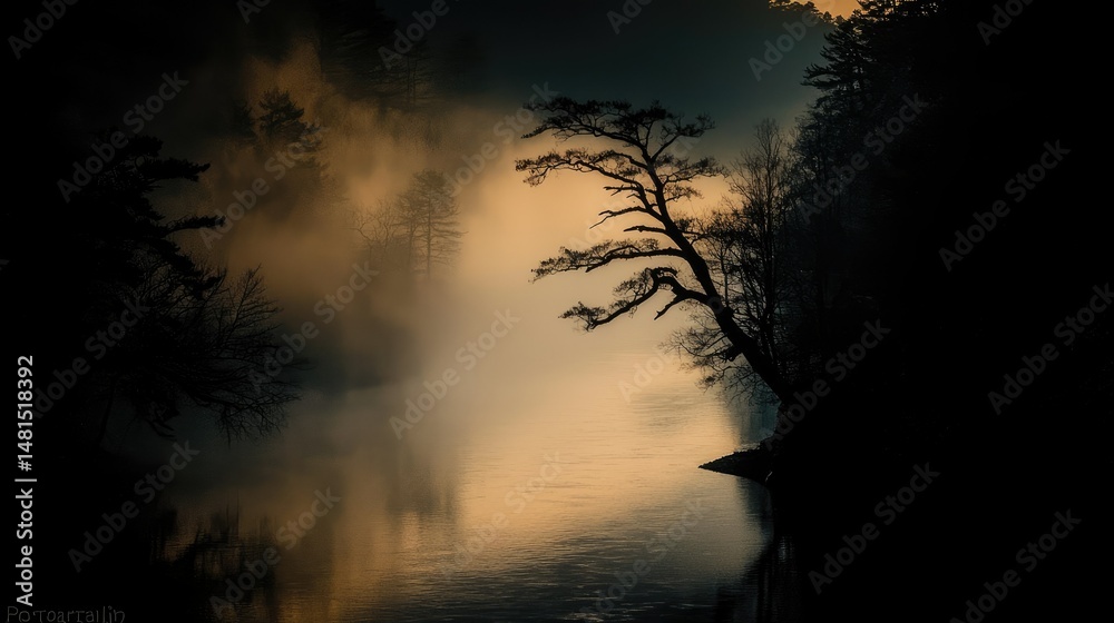 Fototapeta premium A tranquil scene depicts trees beside a misty body of water