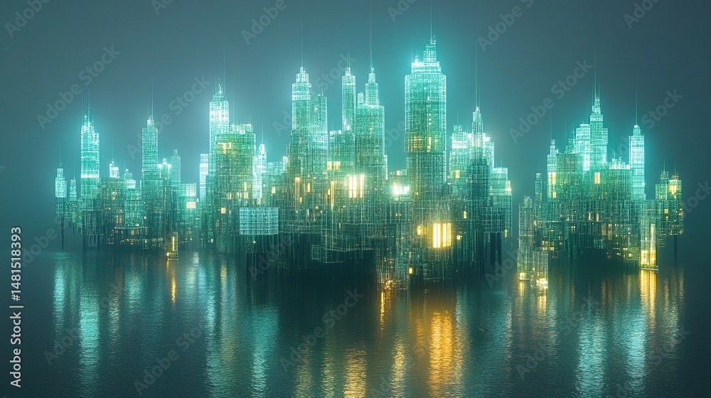 Obraz premium A city suspended in mid-air, constructed from glowing holographic platforms