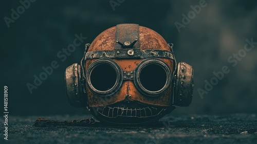 A rustic and aged gas mask sits on a surface