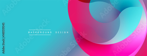 Abstract background features overlapping colorful shapes. Vibrant blue, pink, turquoise create modern design. Minimal text present.