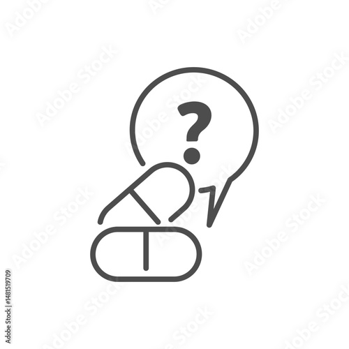 Vector icon of two capsules with question mark representing placebo in clinical research. Suitable for healthcare, pharmaceutical, and educational design.