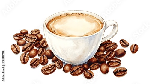 Hand-painted illustration of coffee cup and beans.