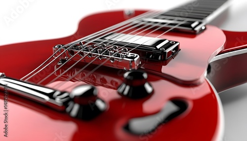 Close-up view of a glossy red electric guitar.
