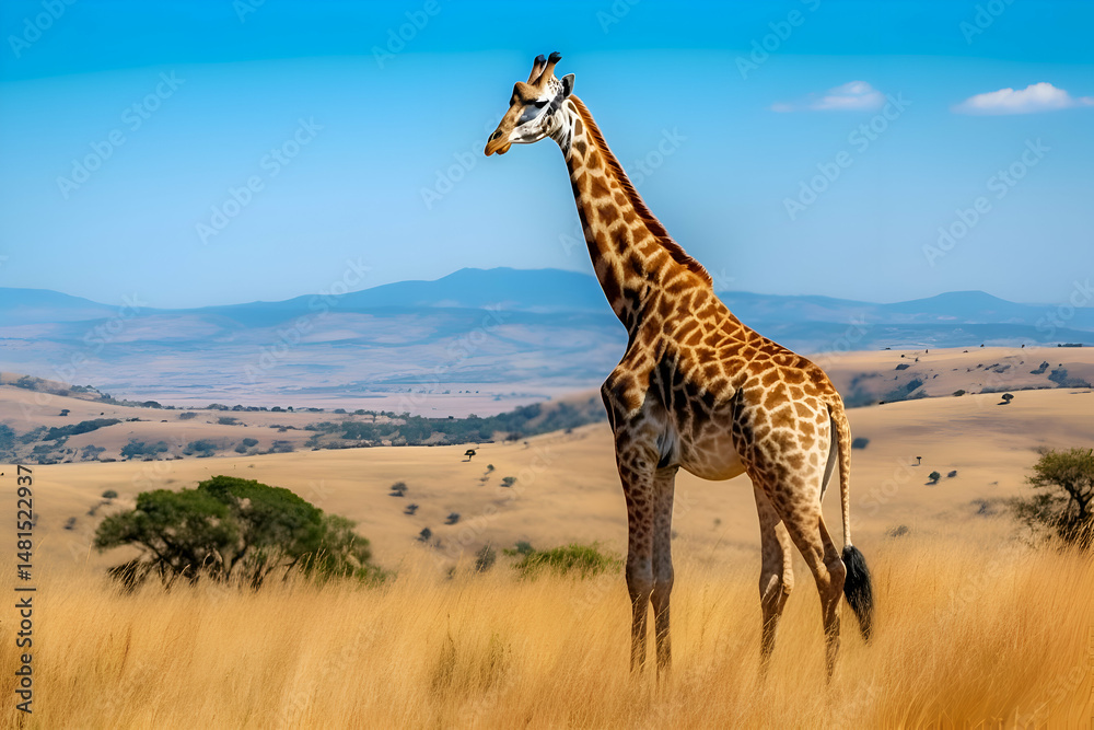 Obraz premium Giraffe in African Savanna Landscape Under a Blue Sky