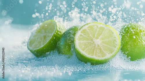Fototapeta Naklejka Na Ścianę i Meble -  Fresh Limes with Juice Splash on Blue Background