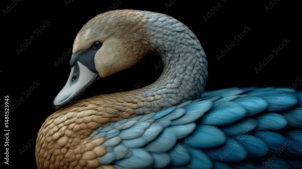 Fototapeta premium Elegant Swan Portrait Blue Brown Feather Detail Artistic Bird Image
