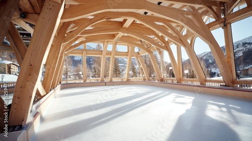 Bright indoor ice skating arena with wooden beam roof and natural light perfect for sports and recreation
