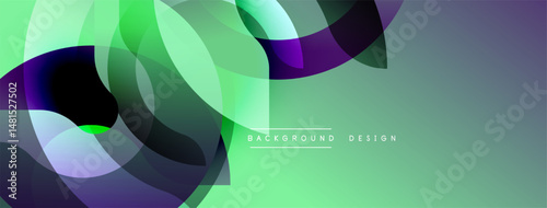 Abstract design features overlapping translucent shapes. Green, purple hues create dynamic visual effect. Modern background element.