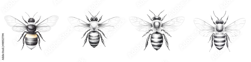 Obraz premium Realistic, detailed illustrations of bees in various poses, showcasing their intricate wings, fine hairs, and unique characteristics for educational and decorative use.