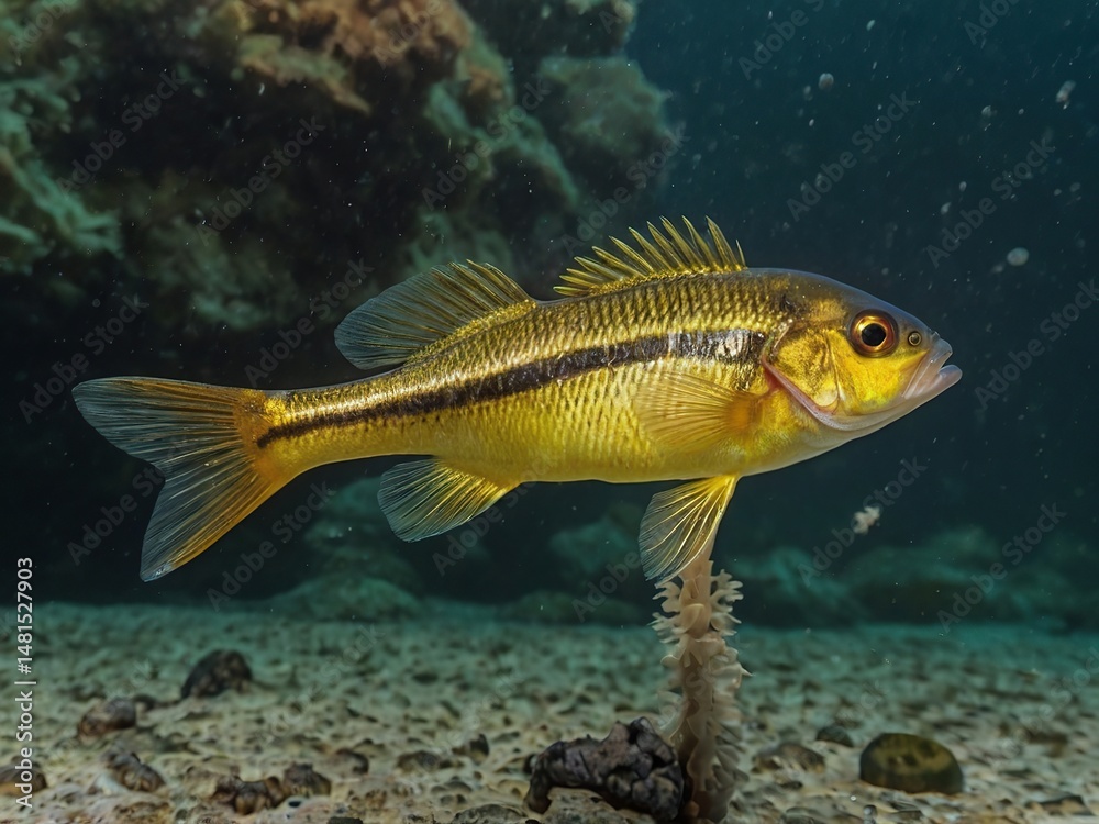 Naklejka premium Golden yellow cichlid fish swimming in underwater habitat with dark stripe along body. Tropical freshwater aquarium specimen against natural reef background