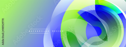 Abstract fluid shapes blend, creating vibrant gradient background. Colors shift from blue to green, forming dynamic composition.
