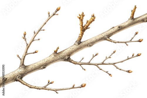Detailed botanical illustration of a tree branch with buds,isolated against black background, early spring season.