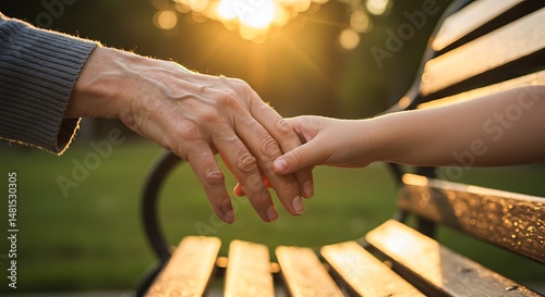 Tender moment of an elderly person and a child holding hands on a park bench, bathed in warm sunset light, symbolizing love, care, and intergenerational connection.