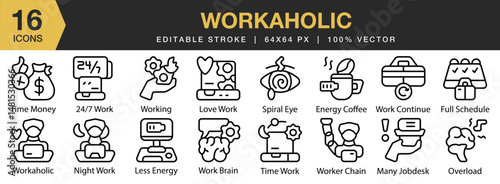 Workaholic icon set. Editable Stroke Icon Collection. Includes workaholic, work, worker, employee, office, exhausted, and More. Outline icons vector collection.