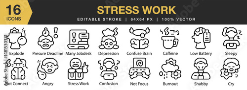 Stress Work icon set. Editable Stroke Icon Collection. Includes stress, business, office, job, tired, work, person, and More. Outline icons vector collection.