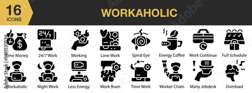 Workaholic solid icon set. Includes overworked, job, tired, stress, deadline, busy, and More. Solid icons vector collection.