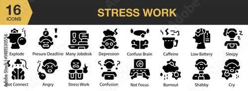 Stress Work solid icon set. Includes computer, worker, frustrated, manager, desk, and More. Solid icons vector collection.
