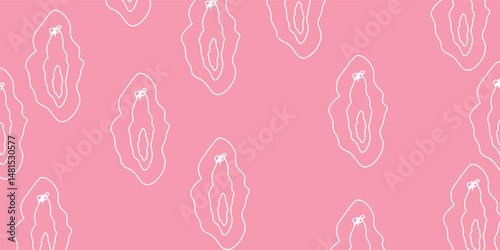 Seamless pattern with silhouettes of female genitals, lineart contours of the vagina, repeating hand drawing