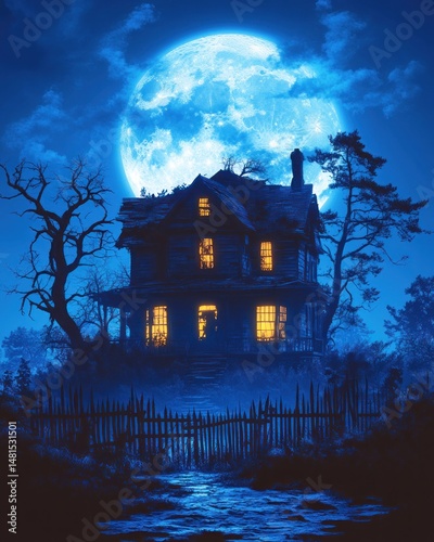 Abandoned house under a full moon at night.  Silhouette of a spooky old house, dark and foreboding