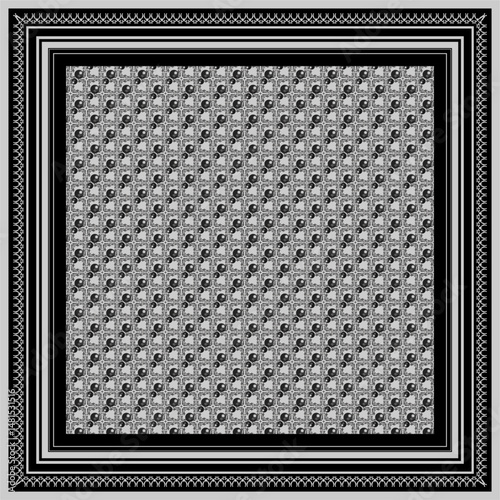 Elegant Square Scarf with Ornate Border and Geometric Pattern
This minimalist ethnic hijab scarf design features a geometric border with traditional patterns in an elegant maroon and gold color scheme