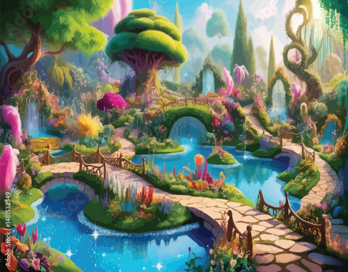 Enchanted forest landscape with colorful glowing flowers, ancient trees, and a peaceful river stream, magical fantasy garden background with fairy tale atmosphere.