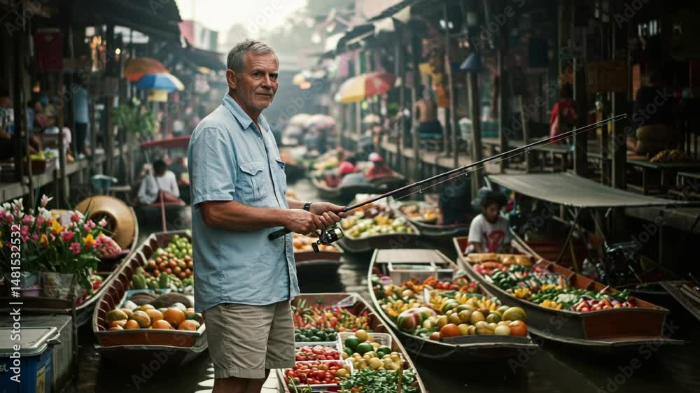 Man fishing in a Thai floating market surrounded by colorful boats.