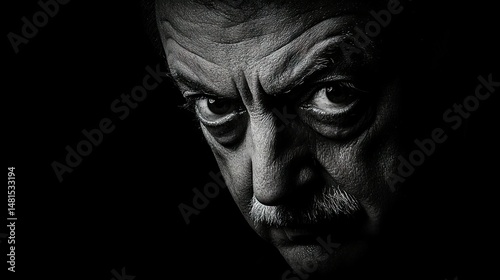 A dramatic black and white close up portrait of a man
