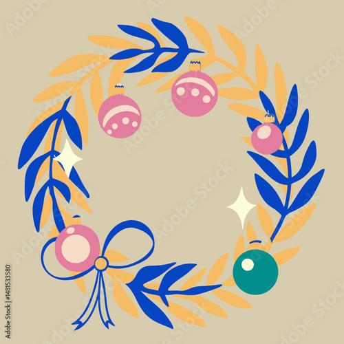 Elegant Christmas wreath with golden leaves and pastel ornaments, perfect for festive decor and seasonal designs.