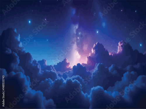 Dreamy ethereal landscape with soft blue mountains and a glowing staircase leading to a mystical sky, cinematic fantasy world background with atmospheric light and clouds.