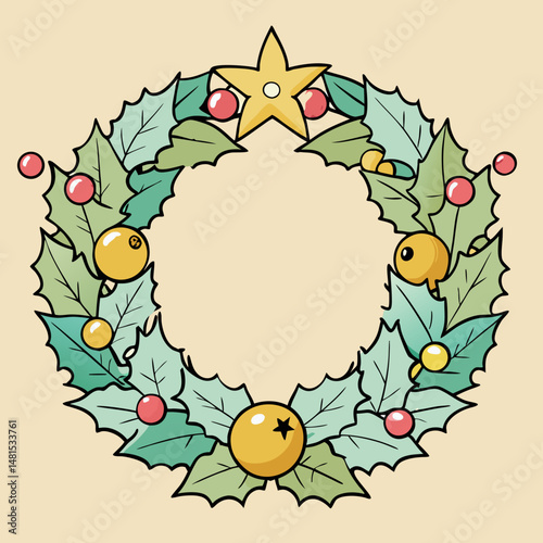 Elegant Christmas wreath with golden leaves and pastel ornaments, perfect for festive decor and seasonal designs.