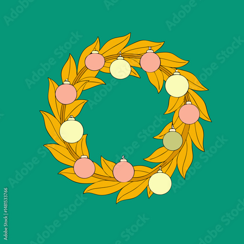 Elegant Christmas wreath with golden leaves and pastel ornaments, perfect for festive decor and seasonal designs.