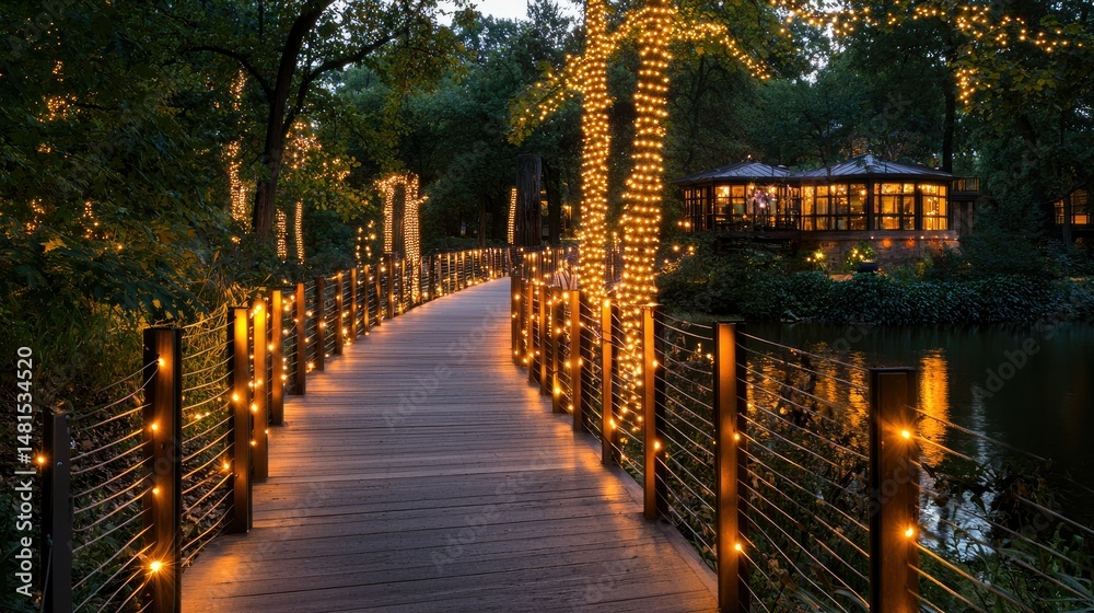 Naklejka premium A wooden walkway illuminated with festive lights at nighttime scenery