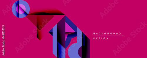 Abstract geometric shapes overlap, creating dynamic composition. Vivid pink background enhances visual impact. Modern design element.