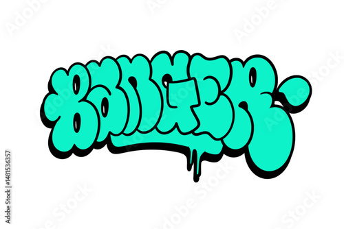 Graffiti throw-up “Banger” in bold bubble lettering with thick outline on clean white background. Urban handstyle with raw street style. Great for posters, fashion, or digital artwork.
