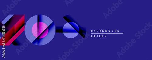 Abstract geometric shapes, vibrant purple hues, dynamic composition. Modern design elements create striking visual impact. Background suggests innovation.