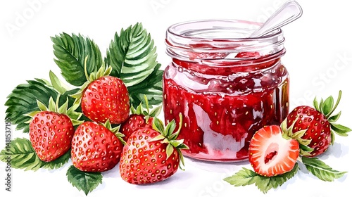 Wallpaper Mural Freshly made strawberry jam in a glass jar, a vibrant watercolor illustration. Torontodigital.ca