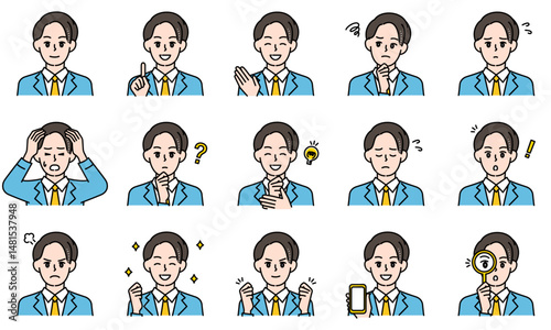 表情とポーズで感情を表すカジュアルな高校生の男の子のイラストセット