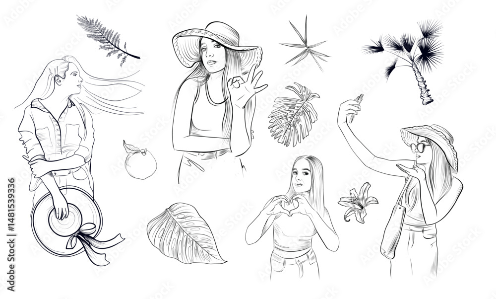 tropical travel elements and female vacation poses coloring page vector tropical travel elements and female vacation poses coloring page vector
