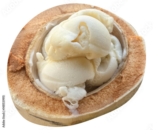 Die cut Thai coconut ice cream in a coconut for sweet dessert, street food, snack, restaurant, cafe, menu, recipe, beach vibe, spring and summer, cuisine, department store, grocery shopping, sticker