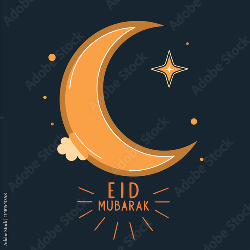 Golden crescent moon and star on dark blue background with sparkling lights and Eid Mubarak text