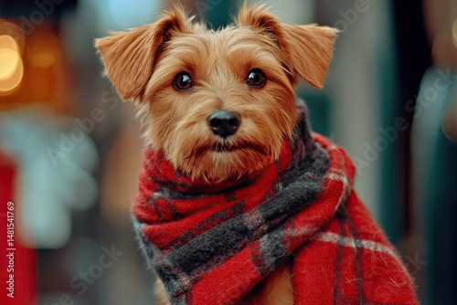 Cute dog wearing a plaid scarf in a city setting.