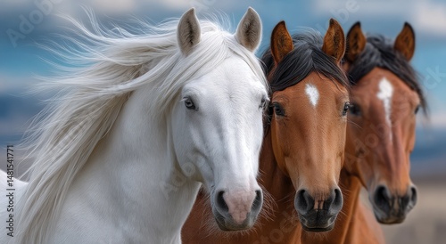 Three horses of different colors run against the sky, one white and two brown with black manes