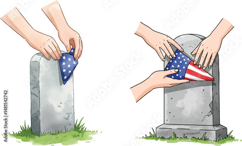 Hands Placing Folded American Flag on Gravestone