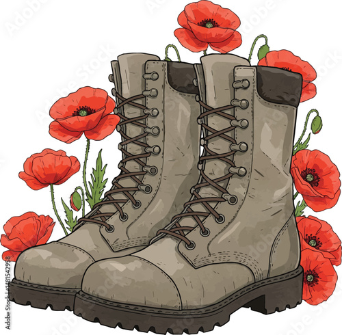 watercolor Military Boots with Remembrance Poppies Illustration