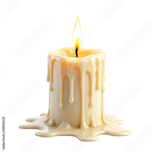 Burning candle with melted wax dripping down sides beautiful yellow light on transparent background photo