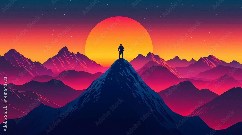 The striking image of a silhouette atop a majestic mountain summit. The striking image of a silhouette atop a majestic mountain summit.