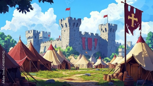 A medieval war camp featuring tents and fortifications for battle preparation.