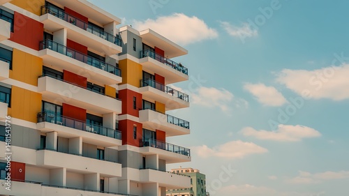 Vibrant Modern Apartment Building Facade with Yellow Red and White Balconies