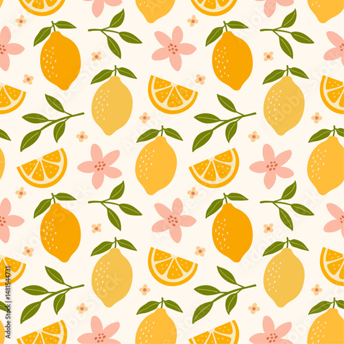 Seamless pattern with fruits, lemons and flowers. Summer fruit  background design