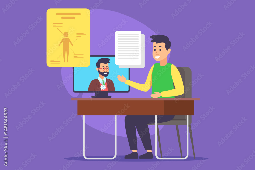 Student interacting with virtual instructor during online class. Session including visual aids on health topics, promoting active learning and participation Student interacting with virtual instructor during online class. Session including visual aids on health topics, promoting active learning and participation